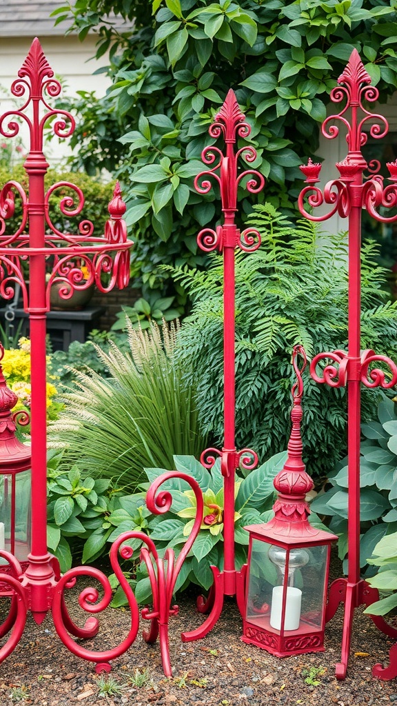 Decorative red wrought iron accents including stands and lanterns in a garden setting