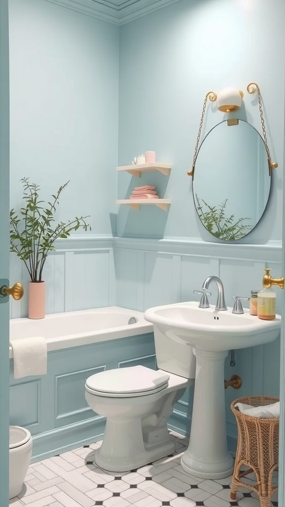A small bathroom featuring duck egg blue walls, white fixtures, and natural elements.