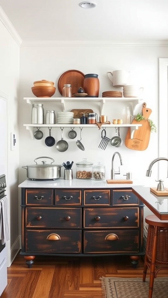 A creative kitchen storage solution with a repurposed dresser and open shelves.