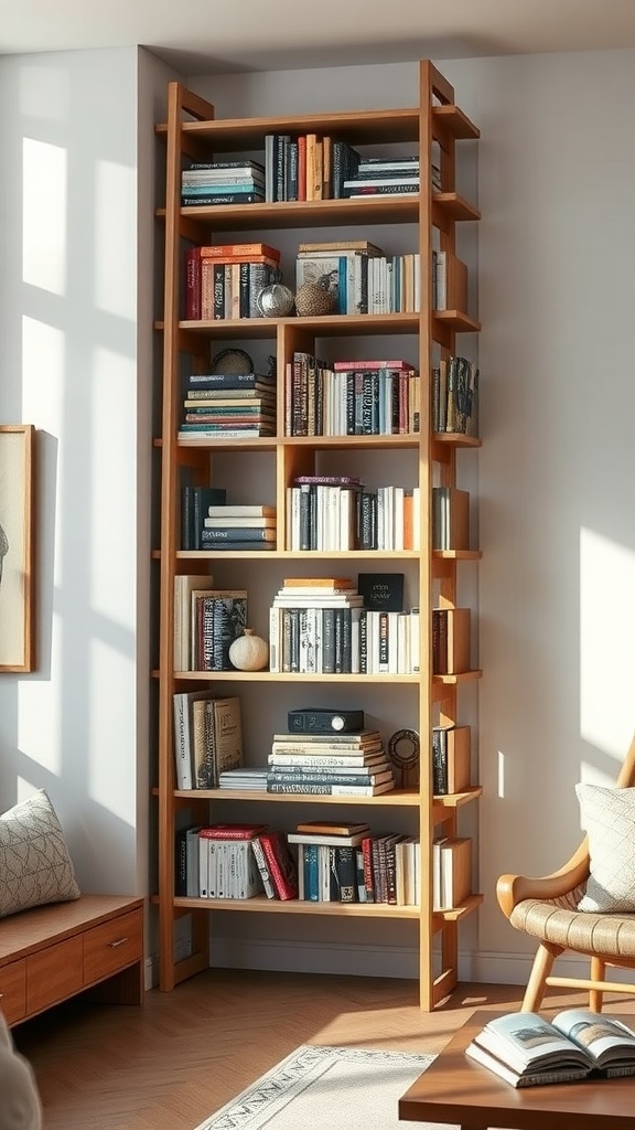 A repurposed ladder bookshelf filled with books and decorative items in a bright room