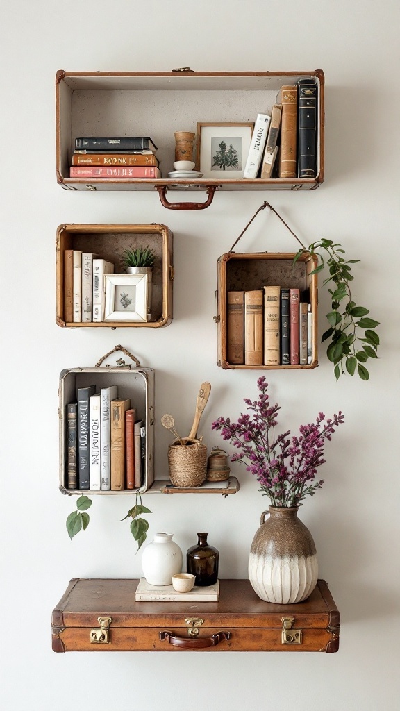 Wall display featuring repurposed vintage suitcases used as shelves.
