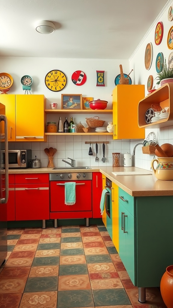 A colorful retro kitchen with yellow, red, and green cabinets, vintage decor, and patterned flooring.