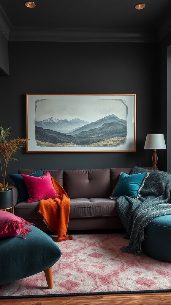 A cozy living room featuring rich jewel tones in textiles against a dark wall.