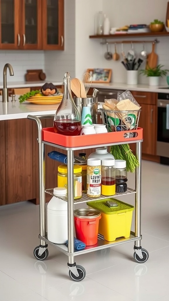 A stylish rolling cart filled with kitchen supplies and ingredients