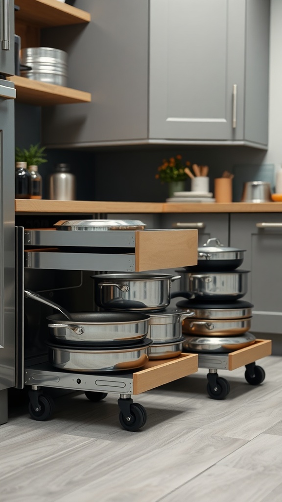 Rolling drawer system with pots in a modern kitchen