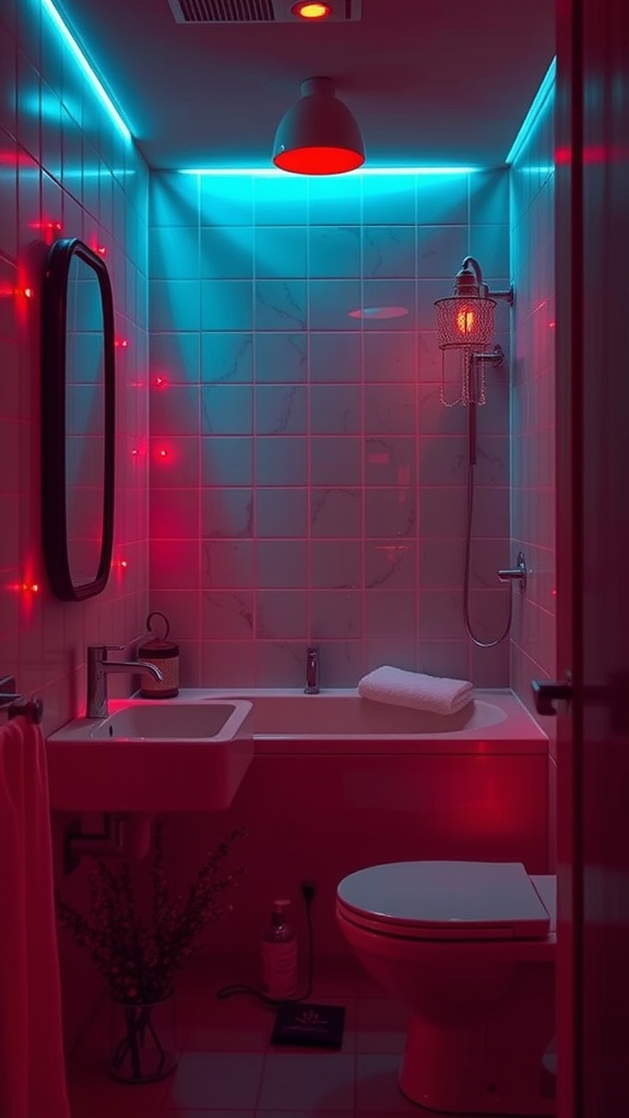 A cozy bathroom with red and teal lighting, featuring a modern sink and shower.