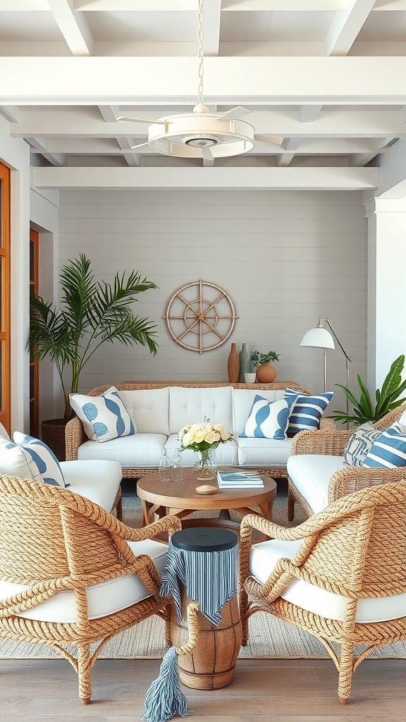 Cozy living room featuring rope-wrapped furniture with blue and white accents.