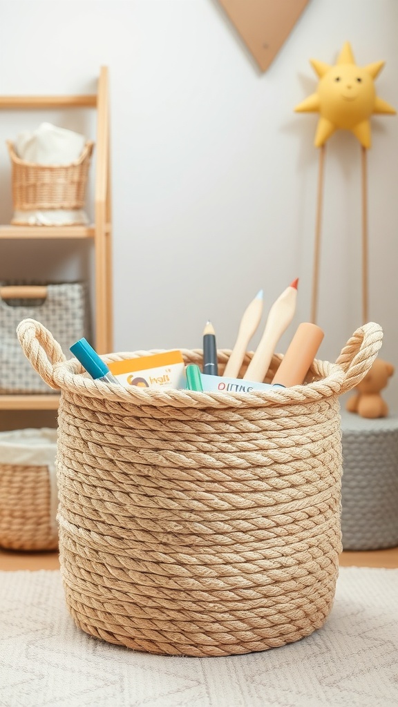 A rope basket organizer with colorful supplies inside, set in a bright room