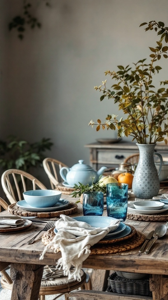 A rustic dining table set with blue dishes, glassware, and a vase of greenery, showcasing farmhouse decor.