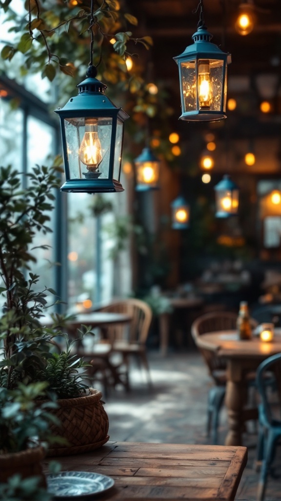 A cozy indoor setting featuring rustic blue lanterns hanging, surrounded by plants and wooden furniture.