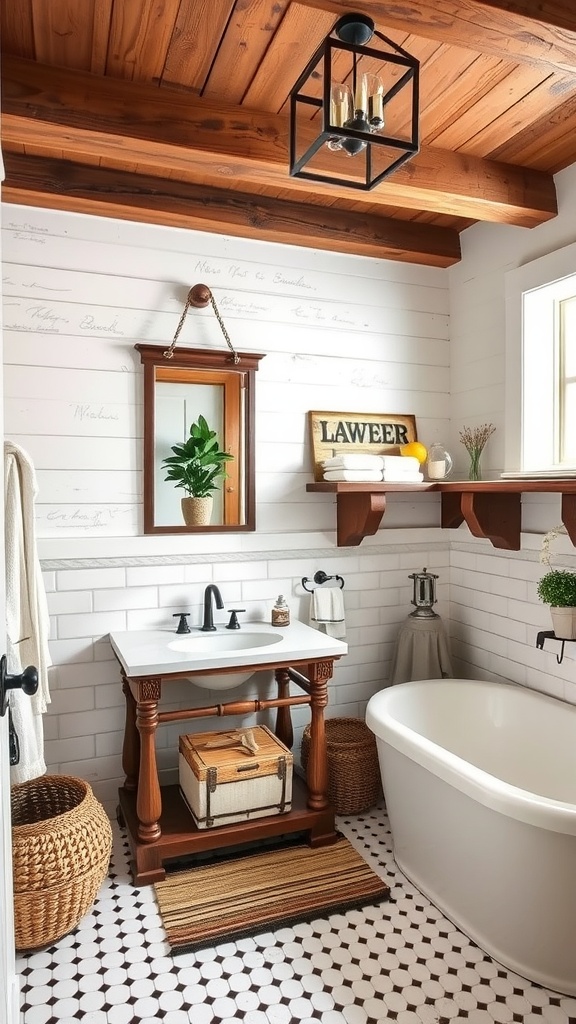A rustic farmhouse bathroom featuring wooden elements, a vintage vanity, and natural decor.
