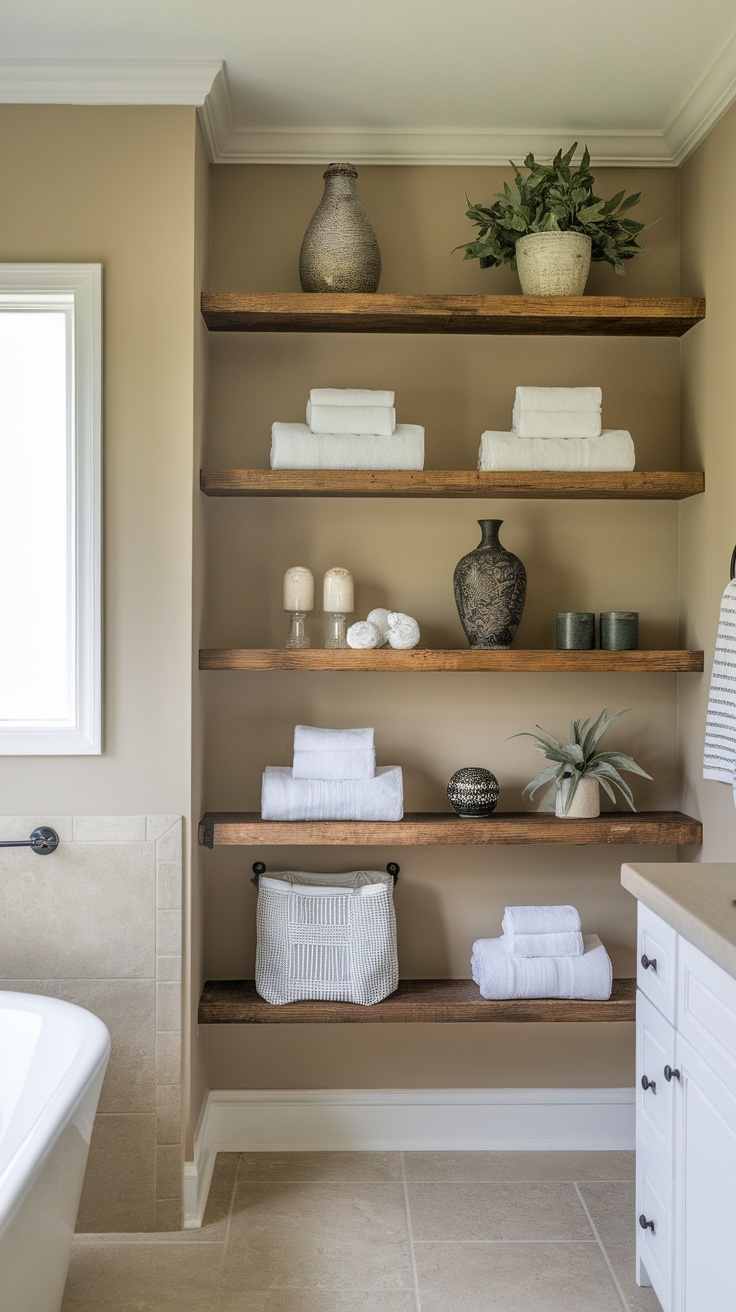 Rustic open shelving in a farmhouse bathroom with wooden shelves, neatly folded towels, woven baskets, and potted plants.