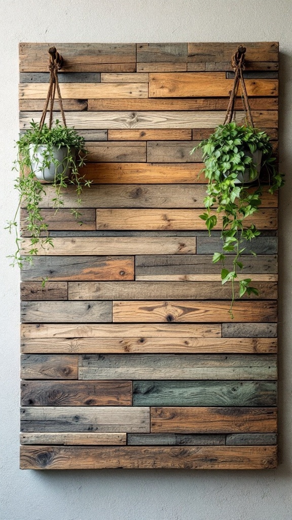 Rustic pallet wall art with hanging plants.