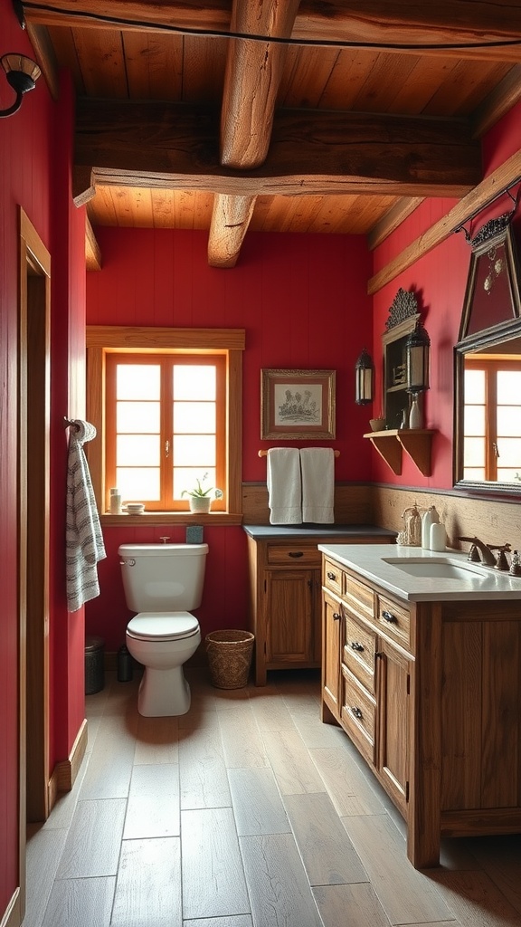 A rustic bathroom featuring red walls and wooden accents