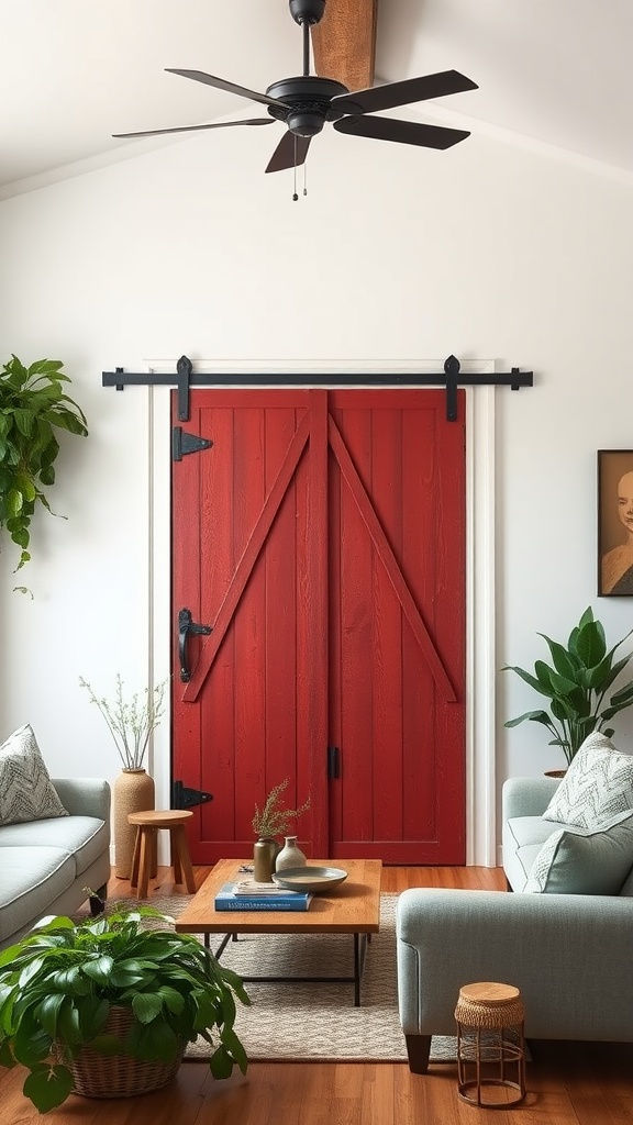 Interior view featuring a rustic red barn door accent in a cozy living room