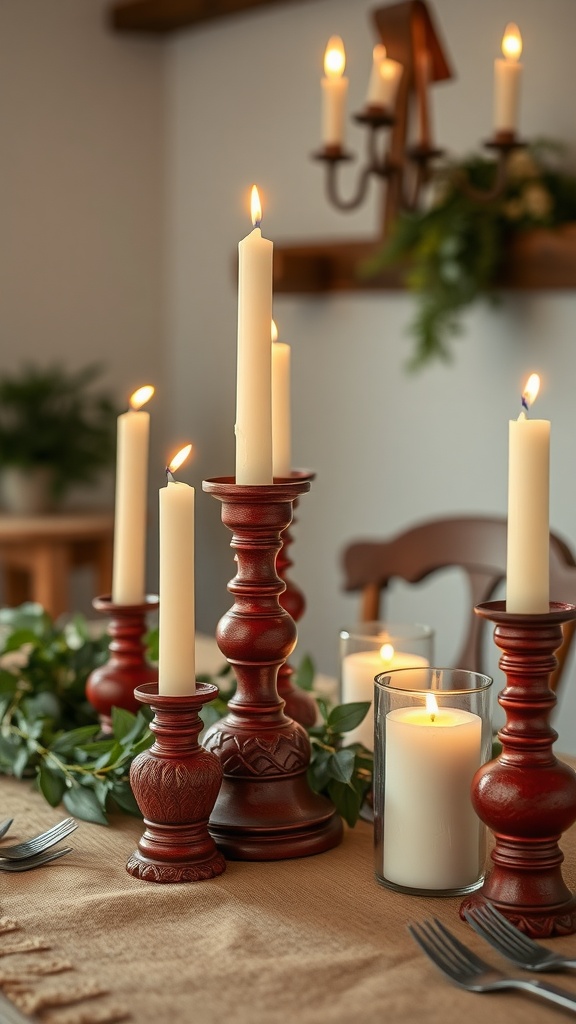 A rustic table setting with red candle holders, white candles, and greenery.