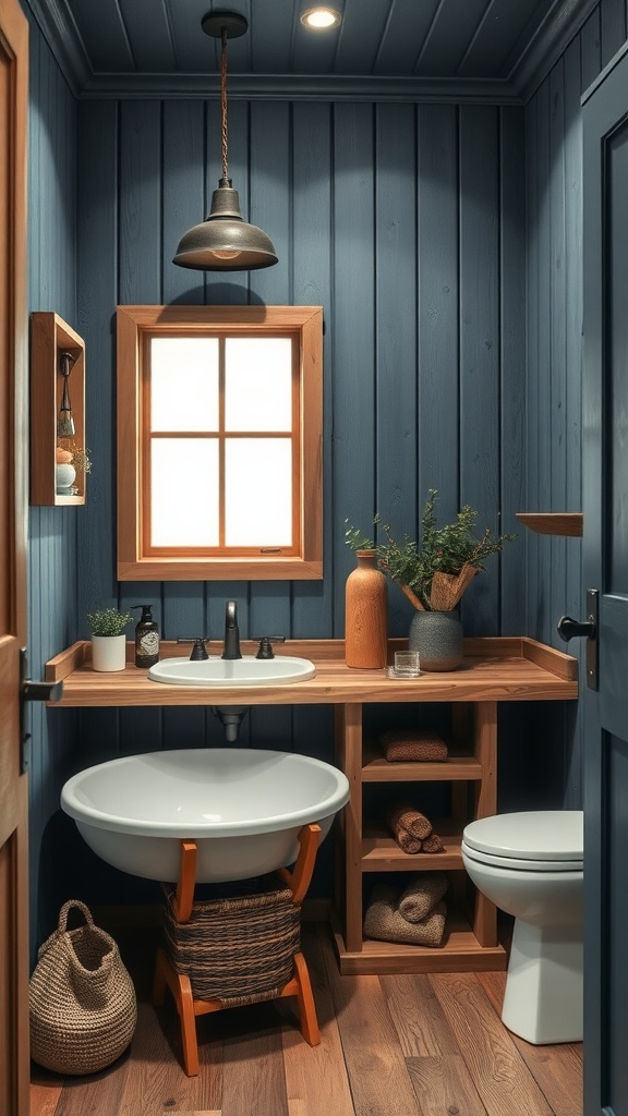 Rustic bathroom design featuring denim blue walls, wooden accents, and a round sink.