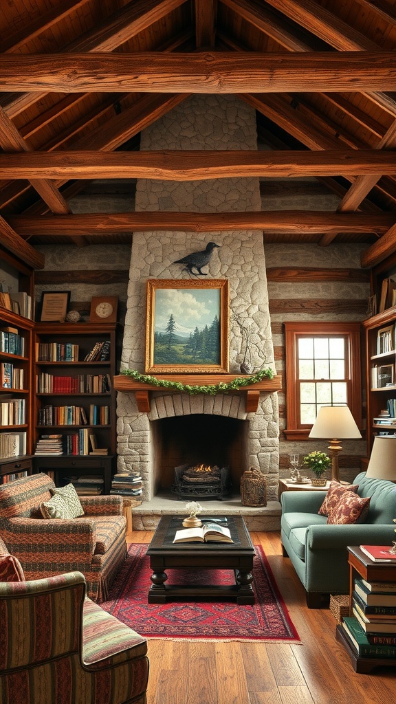 Rustic reading room with wooden beams, stone fireplace, and cozy seating