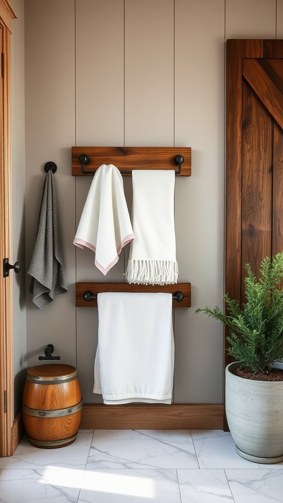 A rustic bathroom scene featuring a wooden towel rack with towels hanging, a wooden barrel, and a potted plant.