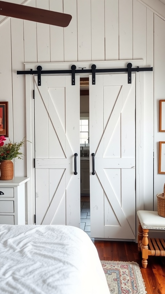 Rustic white barn doors in a country bedroom with wooden flooring and simple decor