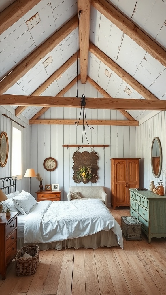 A rustic white farmhouse bedroom featuring wooden beams, a cozy bed, and vintage furniture.