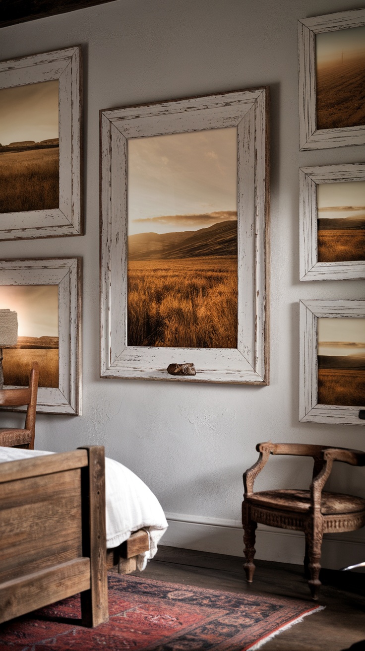 A rustic bedroom featuring white picture frames with black-and-white photos arranged above a wooden bed.
