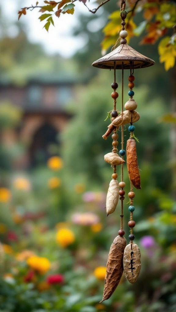 Rustic wind chime made from natural materials like dried leaves and beads