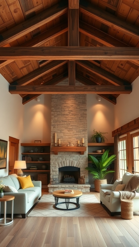 A cozy farmhouse living room featuring rustic wood beams, a stone fireplace, and comfortable seating.