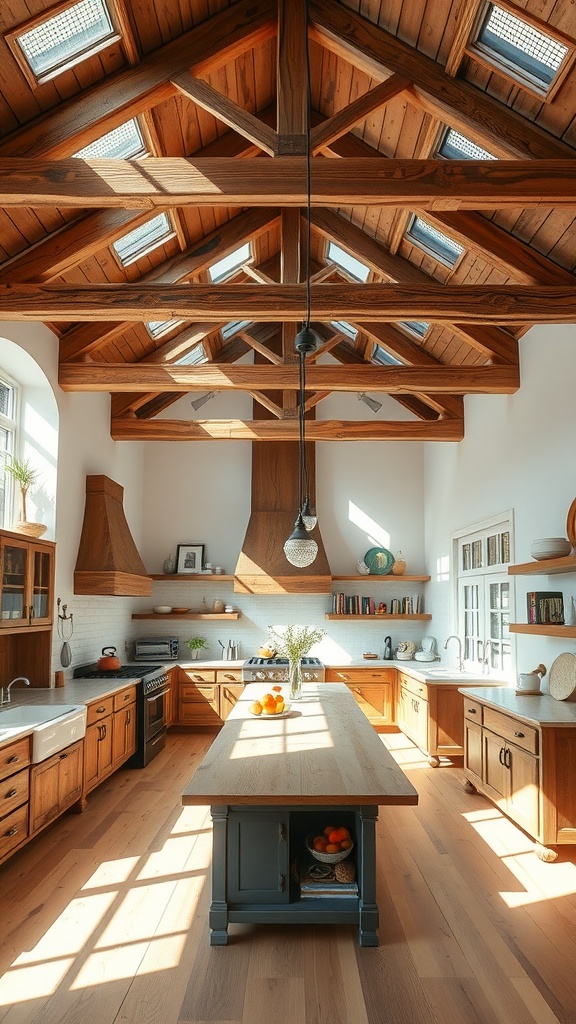 A modern farmhouse kitchen with rustic wood beams and high ceilings, featuring an inviting layout and natural light.