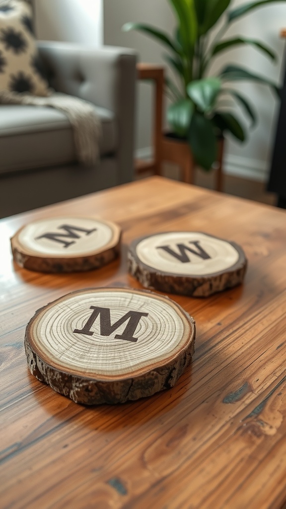 Wood slice coasters with initials on a wooden table