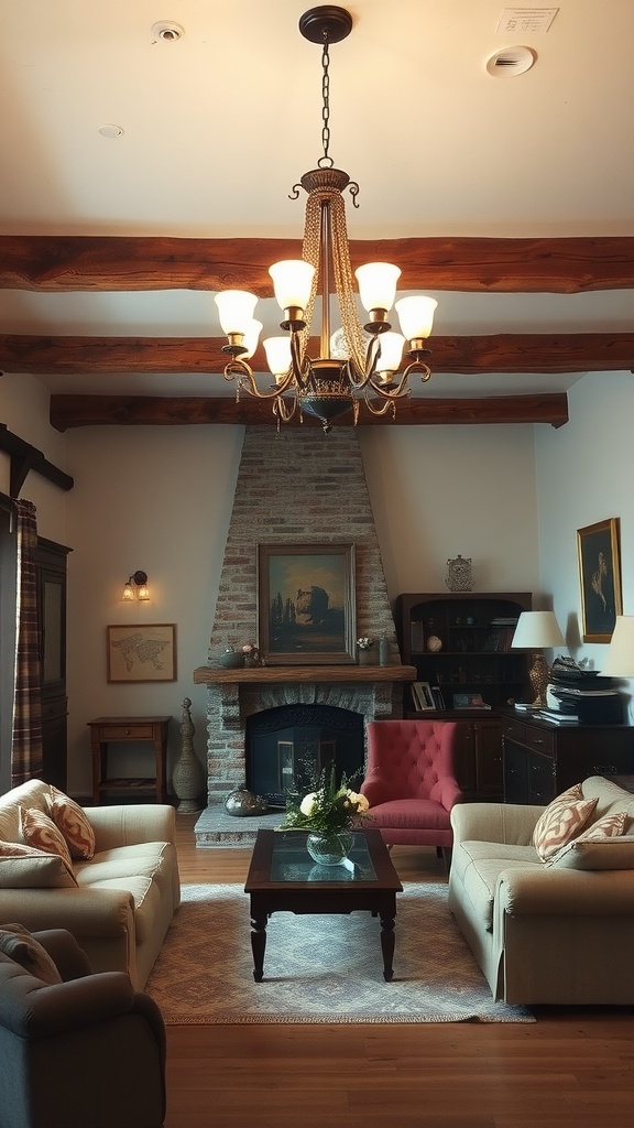 A cozy farmhouse living room featuring rustic wooden beams, a stone fireplace, and comfortable seating.