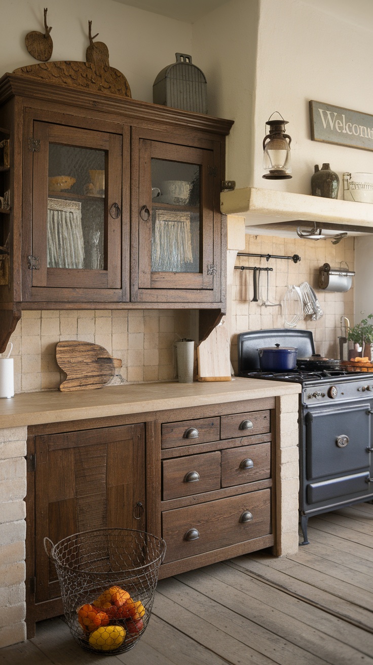 A kitchen with rustic wooden cabinets, showcasing open shelves and warm decor.