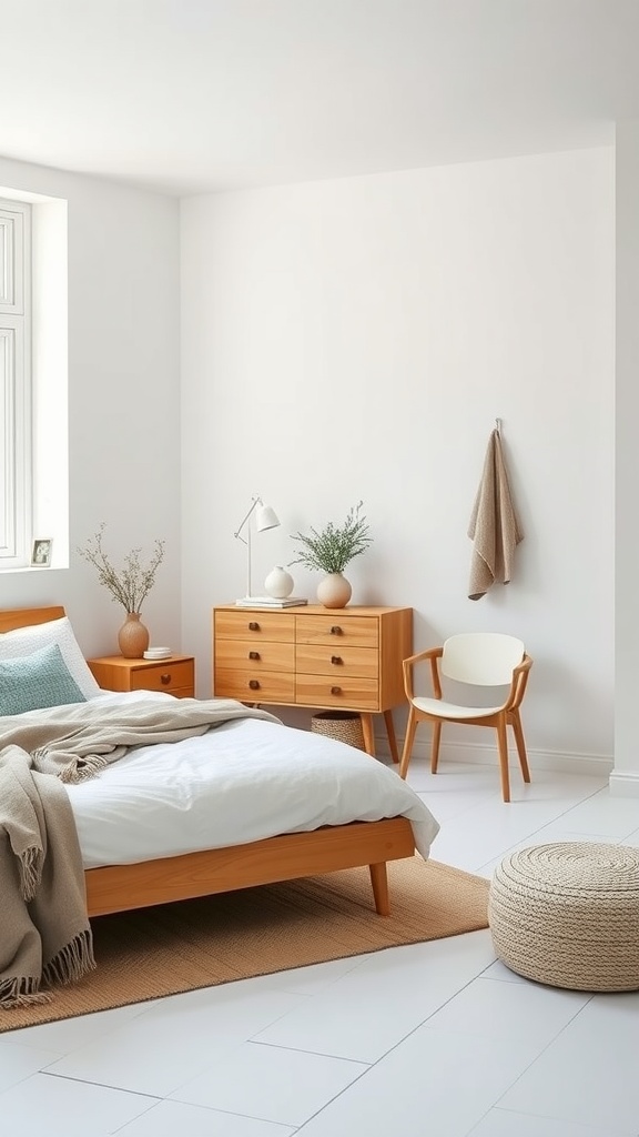 A minimalist Scandinavian bedroom featuring a wooden bed, a nightstand, and a cozy atmosphere.