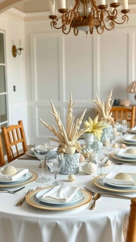 A dining table decorated with seashell centerpieces and coastal-themed tableware.