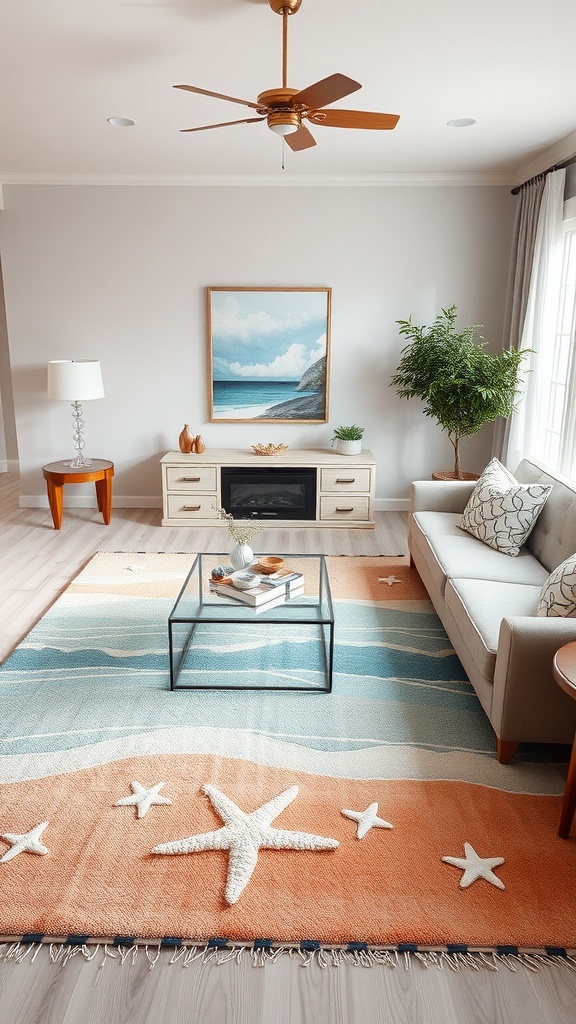 A living room with a seaside-inspired rug featuring starfish designs and soft pastel colors.