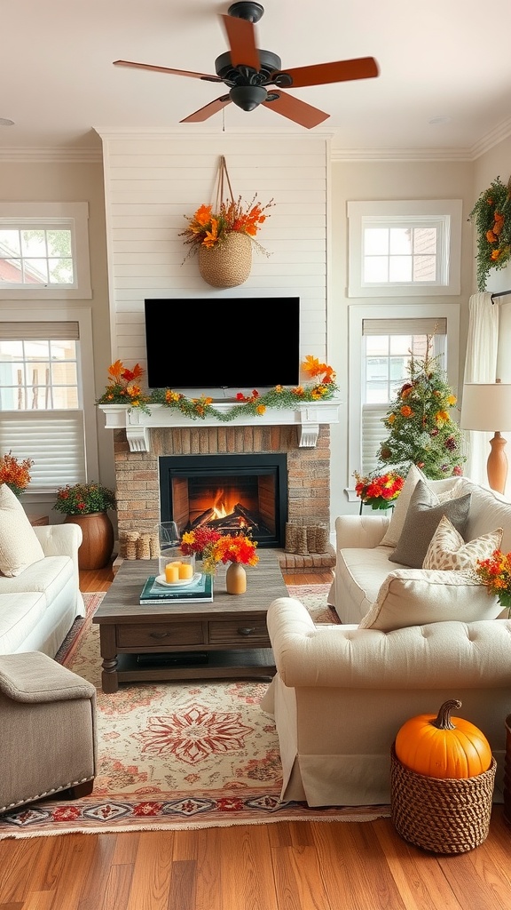Farmhouse living room decorated for autumn with a fireplace, pumpkins, and seasonal flowers.
