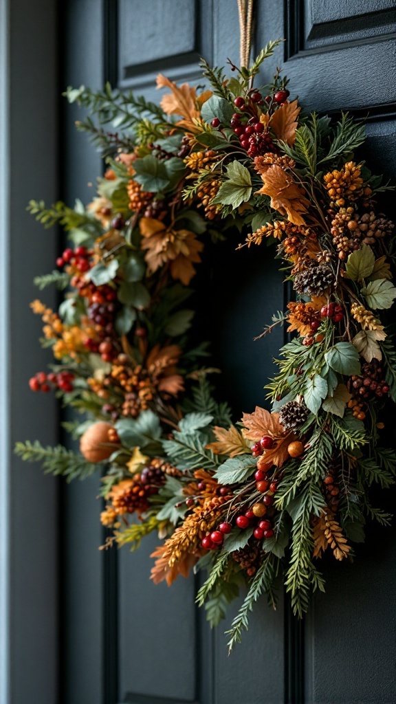 A beautifully crafted seasonal wreath adorned with colorful leaves, berries, and small pumpkins, hanging on a dark front door.