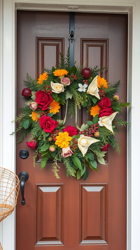 A vibrant seasonal wreath with roses, marigolds, decorative apples, and greenery hanging on a brown front door.