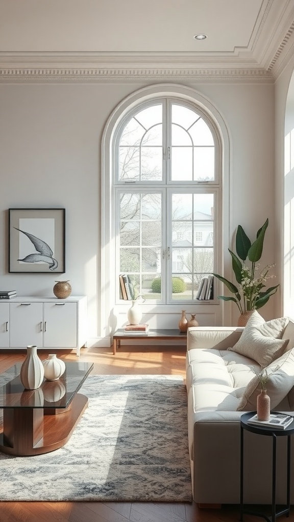 A bright living room with a large window, a white sofa, and various decorative accessories including plants and vases.