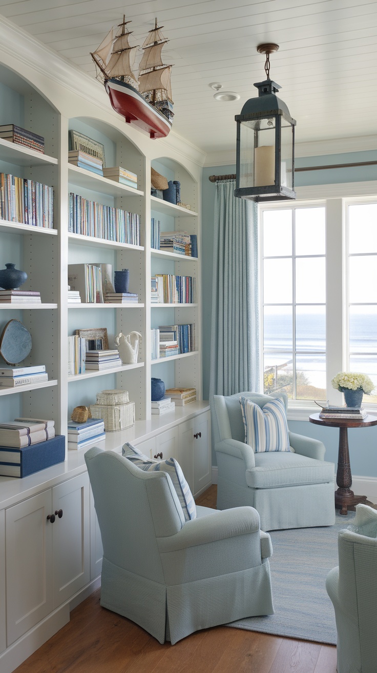 A cozy reading room with a coastal theme, featuring soft blue decor, natural light, and comfortable seating.