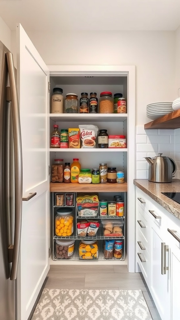 A compact pantry area with organized shelves filled with jars, baskets, and canned goods.