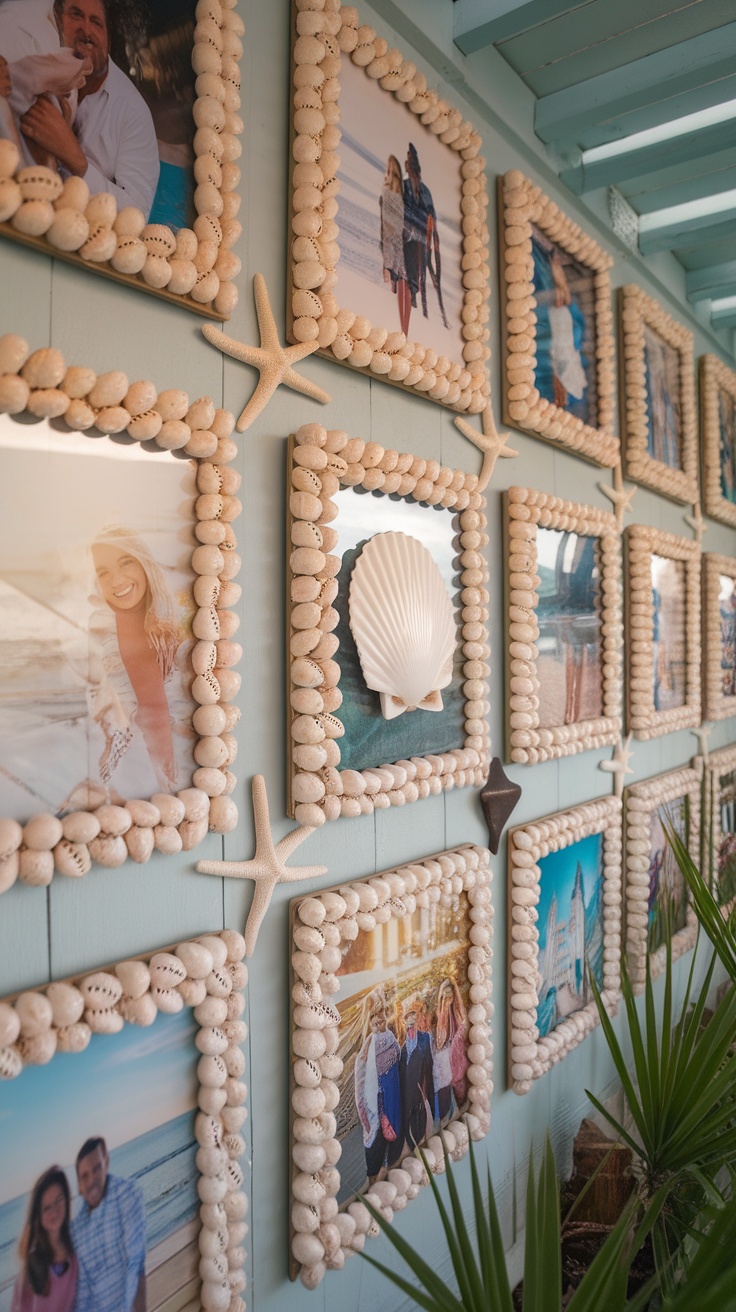 A wall display featuring picture frames decorated with shells, showcasing family photos and beach-themed decor.