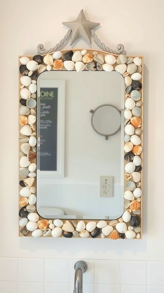 A mirror framed with seashells and topped with a starfish