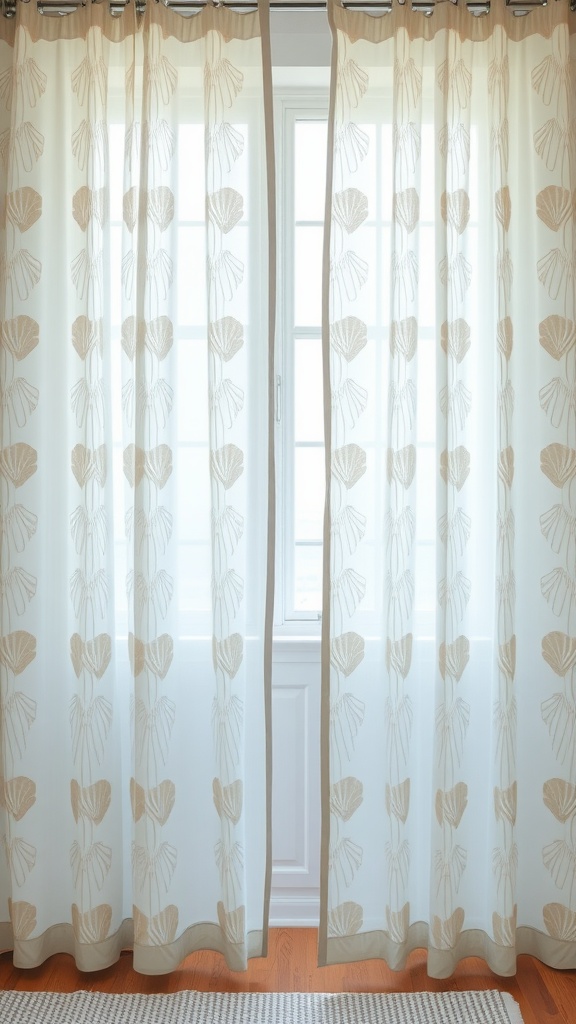 Light, airy curtains with a shell pattern hanging in front of a window.