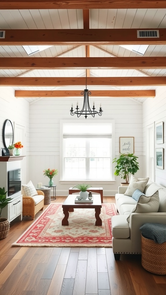 A bright and cozy farmhouse living room with shiplap walls, wooden beams, and stylish furniture.