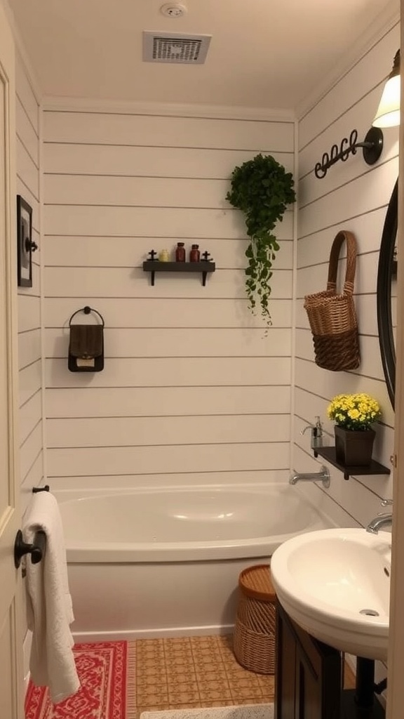 A cozy farmhouse bathroom with shiplap walls, a bathtub, and rustic decor.