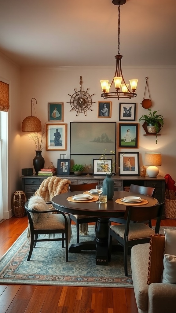 A cozy living room dining room combo featuring a round dining table, art-filled walls, and warm lighting.