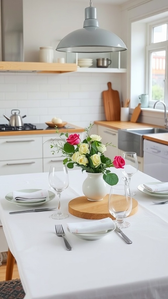 A Scandinavian-style kitchen table setting with flowers and tableware.