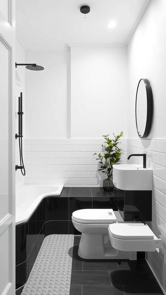 A minimalist bathroom featuring black and white tiles with modern fixtures and a potted plant.