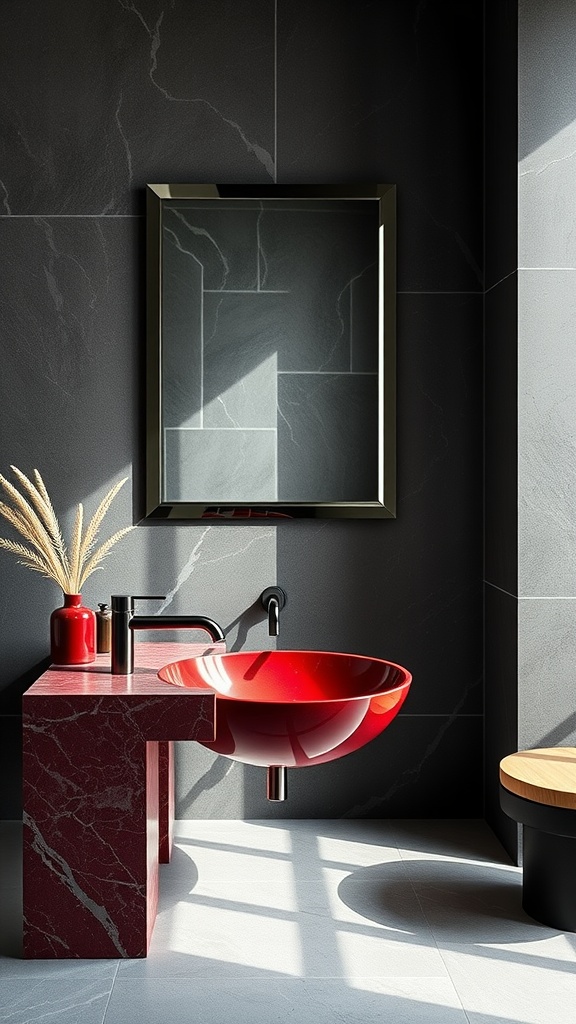 A modern bathroom featuring a ruby red sink on a marble base, with dark walls and stylish fixtures.